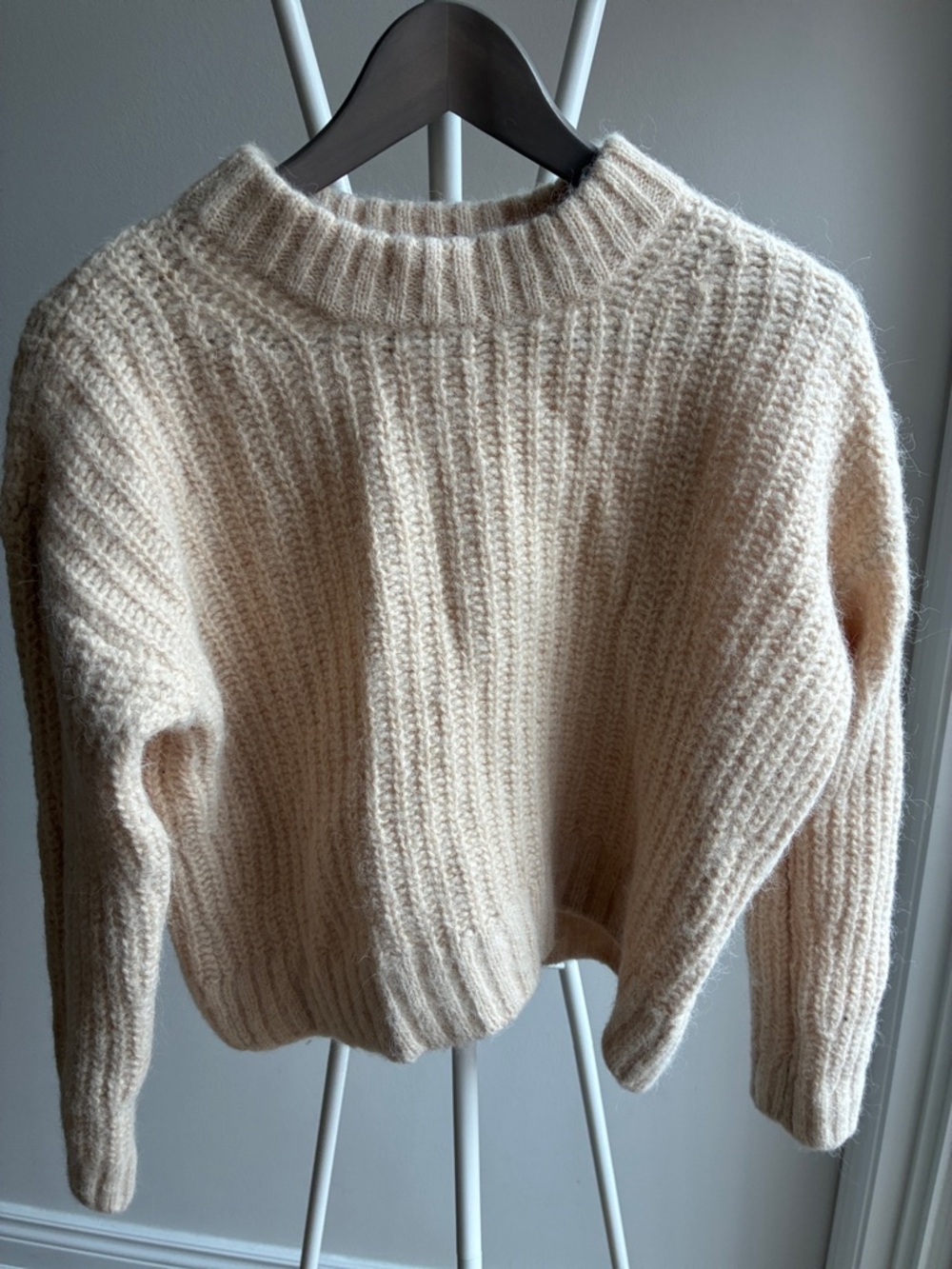 Sezane Cream Ribbed Crewneck Sweater